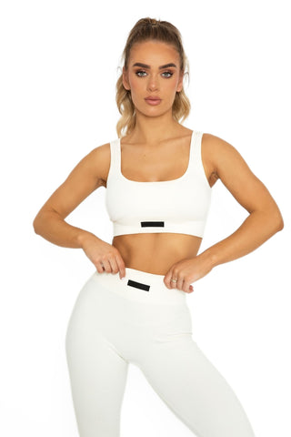 Ribbed Scoop Neck Sports Bra - Creamy White