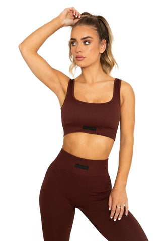 Ribbed Scoop Neck Sports Bra - Chocolate Brown